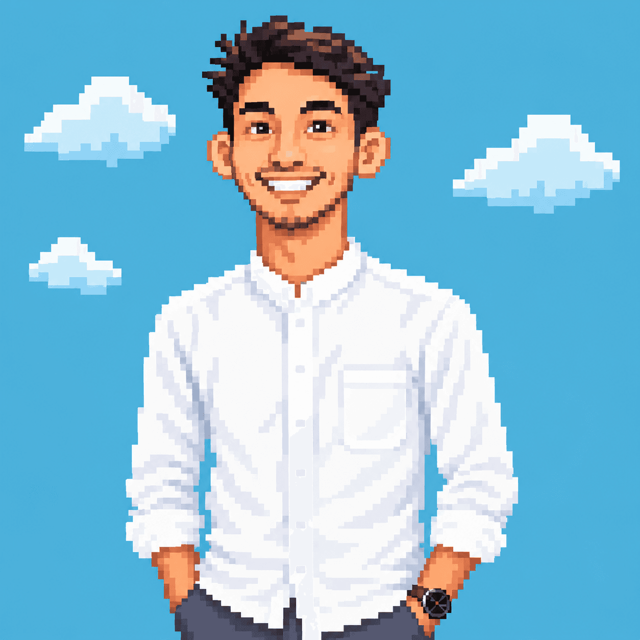 Pixel-art portrait of Deny Wijaya, smiling, in a white shirt against a blue sky